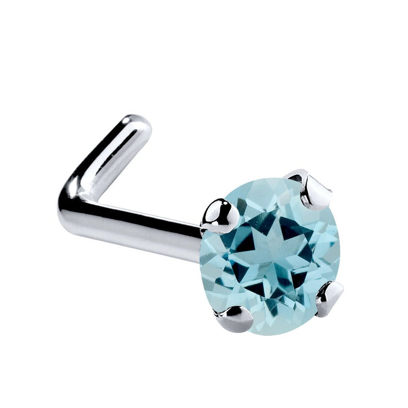 14K white gold aquamarine L-shape nose ring with 3mm large blue prong-set stone