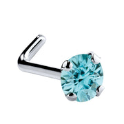 14K white gold L-shape nose ring with 3mm genuine blue zircon, large stone prong setting