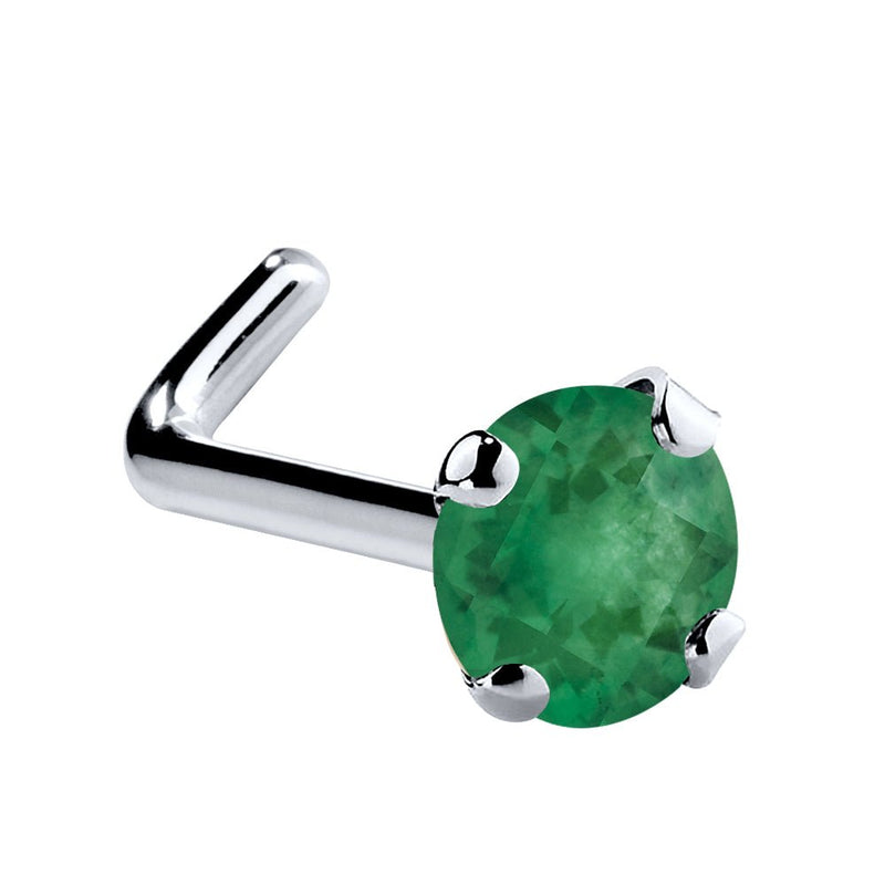 14K white gold genuine emerald L-shape nose ring with large 3mm prong-set green emerald