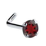 14K white gold garnet L-shape nose ring with 3mm large genuine deep red garnet