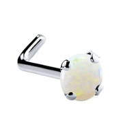 14K white gold genuine opal L-shape nose ring, 3mm large opal with iridescent multicolor fire