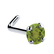 14K white gold peridot L-shape nose ring with 3mm large genuine green stone, side view