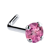 14K white gold pink tourmaline L-shape nose ring with 3mm large genuine gemstone, four-prong setting