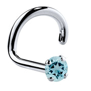 14K white gold aquamarine nose ring twist style with 1.5mm tiny blue gemstone, side view
