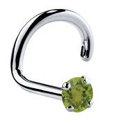 14K white gold peridot nose ring twist style, side profile showing curved post and green stone