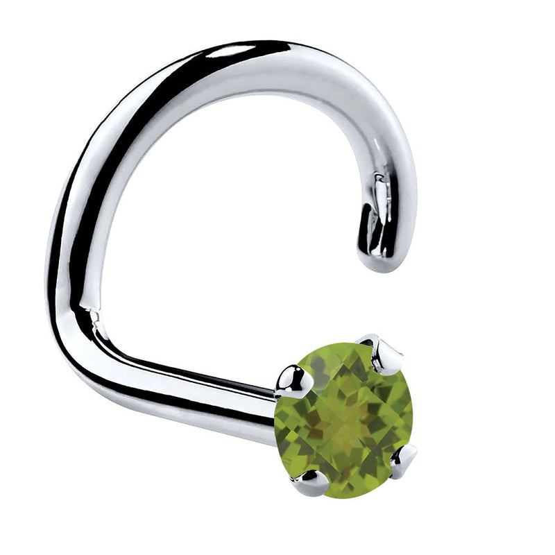 14K white gold peridot nose ring twist style, side profile showing curved post and green stone