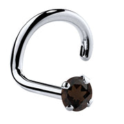 14K white gold smokey quartz nose ring twist style with warm brown stone, side profile view