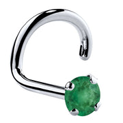 14K white gold genuine emerald twist nose ring with standard 2mm prong-set green emerald