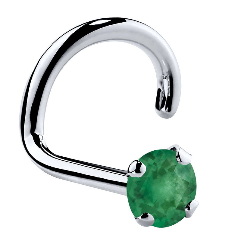 14K white gold genuine emerald twist nose ring with standard 2mm prong-set green emerald