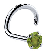 14K white gold peridot nose ring twist style with 2mm genuine green stone, side profile