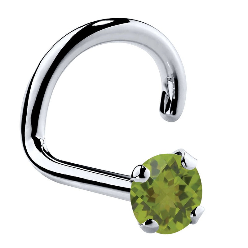 14K white gold peridot nose ring twist style with 2mm genuine green stone, side profile