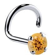 14K white gold citrine twist nose ring with 3mm large orange stone in silver-tone setting