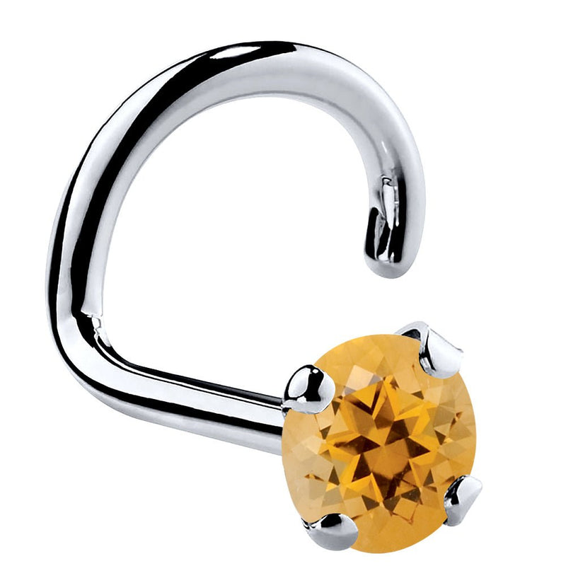 14K white gold citrine twist nose ring with 3mm large orange stone in silver-tone setting