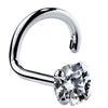 14k white gold CZ nose ring twist style with 3mm round cubic zirconia in martini prong setting