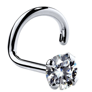 14k white gold CZ nose ring twist style with 3mm round cubic zirconia in martini prong setting