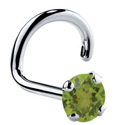 14K white gold peridot nose ring twist style with 3mm large genuine green stone, side profile