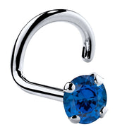 14K white gold blue sapphire twist nose ring with 3mm large stone, showing prong detail and corkscrew post