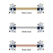 Side-by-side comparison of teardrop CZ straight barbell in 14K yellow gold, white gold, and rose gold