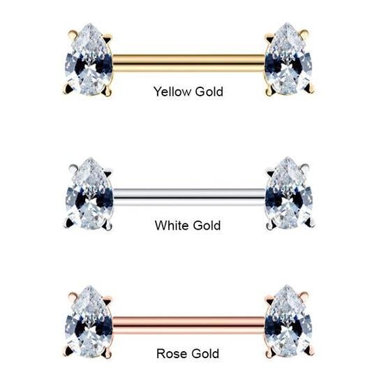 Side-by-side comparison of teardrop CZ straight barbell in yellow gold, white gold, and rose gold