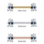 Side-by-side comparison of teardrop CZ straight barbell in 14k yellow, white, and rose gold options