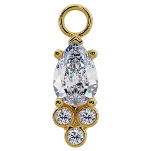 14K yellow gold pear-cut cubic zirconia piercing charm with triple bezel-set CZ cluster, front view