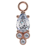14K rose gold pear-cut cubic zirconia piercing charm with triple bezel-set CZ accent cluster, front view