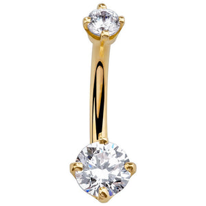14k yellow gold CZ belly ring with dual round-cut cubic zirconia in prong settings, front view