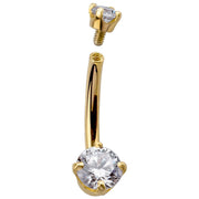 14k yellow gold belly ring with top ball removed showing internal threading and screw mechanism