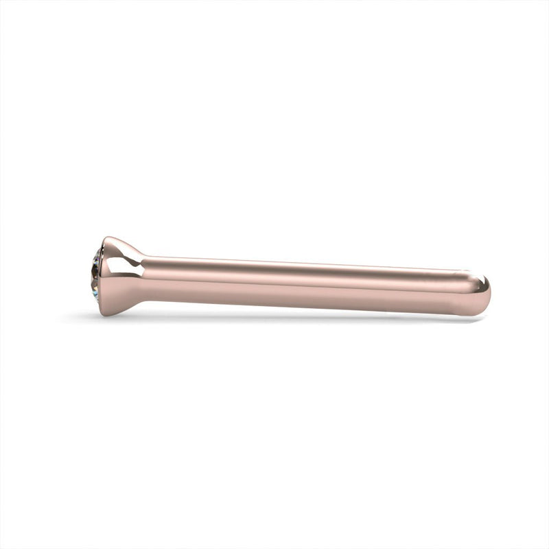 14k rose gold 1.5mm diamond bezel nose ring straight pin post, side profile view