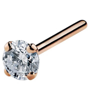 14k rose gold 3mm diamond straight pin nose stud, angled view showing rose gold prongs and straight post