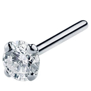 Platinum 3mm diamond straight pin nose stud, angled view showing needle post and four-prong diamond head