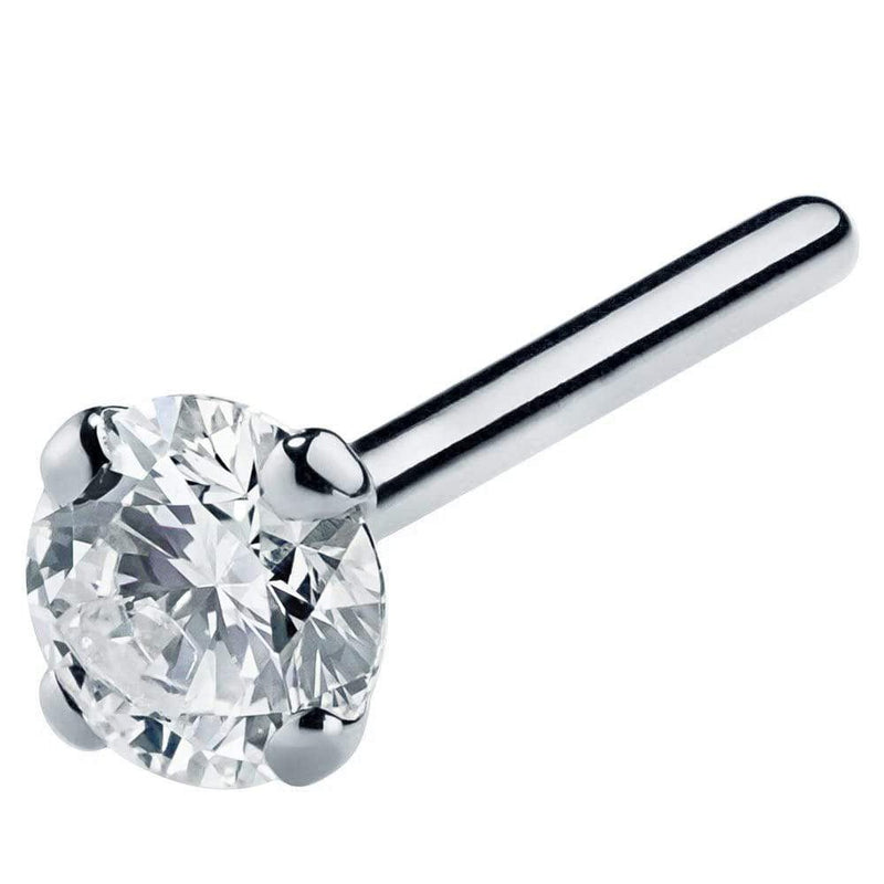 Platinum 3mm diamond straight pin nose stud, angled view showing needle post and four-prong diamond head