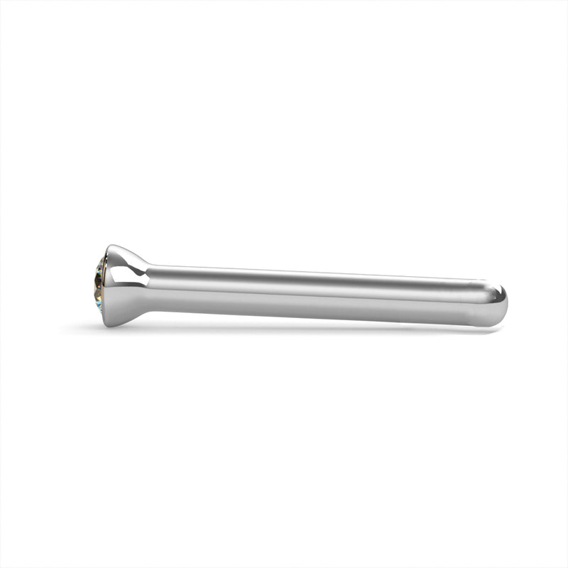 Platinum diamond bezel nose stud, straight pin post style, side profile showing post length