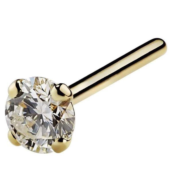 14k yellow gold 3mm diamond straight pin nose stud, front-angled view with bold gold prong setting