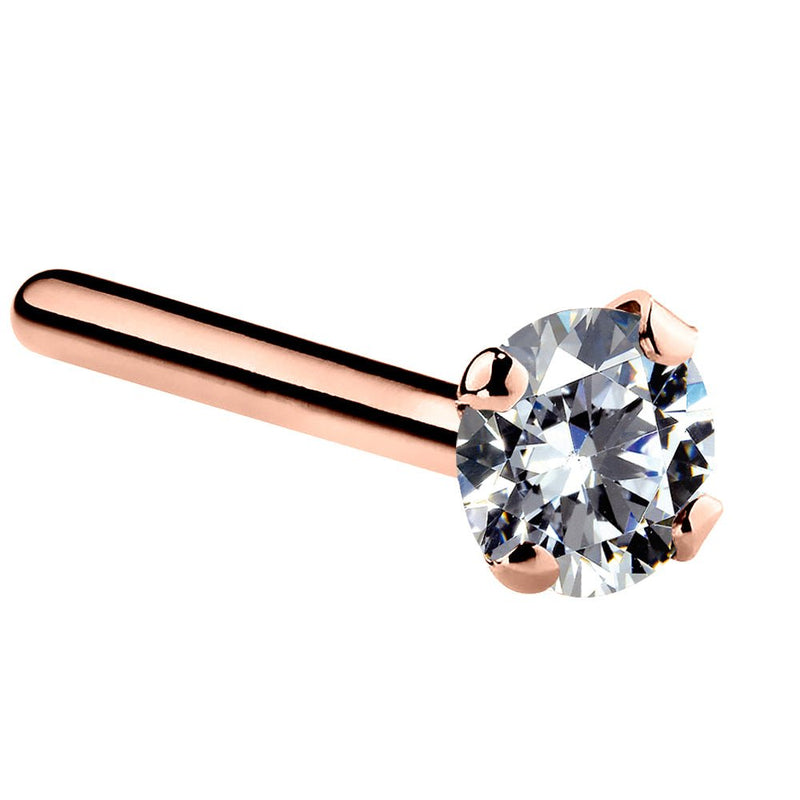 14k rose gold 2.5mm CZ nose ring straight pin post style, angled view with rose gold post visible