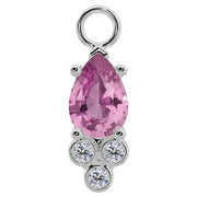 950 platinum pear-cut pink sapphire piercing charm with bezel-set diamond trio cluster, front view