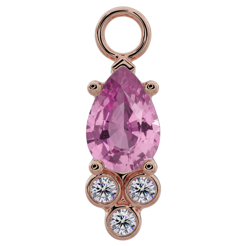 14K rose gold pear-cut pink sapphire piercing charm with three bezel-set diamond accents, front view