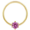 14k yellow gold fixed bead ring with round pink CZ in six-prong setting, front view