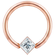 14K rose gold fixed bead ring with corner-set princess cut diamond, front view