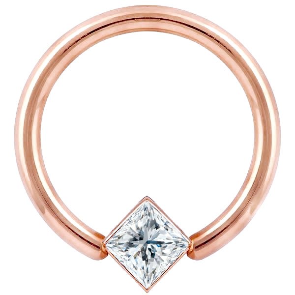 14K rose gold fixed bead ring with corner-set princess cut diamond, front view