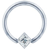 14K white gold fixed bead ring with princess cut diamond corner mount, front view