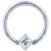 14K white gold fixed bead ring with princess cut diamond corner mount, front view