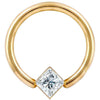 14K yellow gold fixed bead ring with princess cut diamond set at corner angle, front view