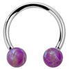 14k white gold circular barbell with purple opal balls, front view showing cool silver-white finish