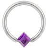 14k white gold fixed bead ring with purple princess-cut CZ, slightly angled view showing stone depth