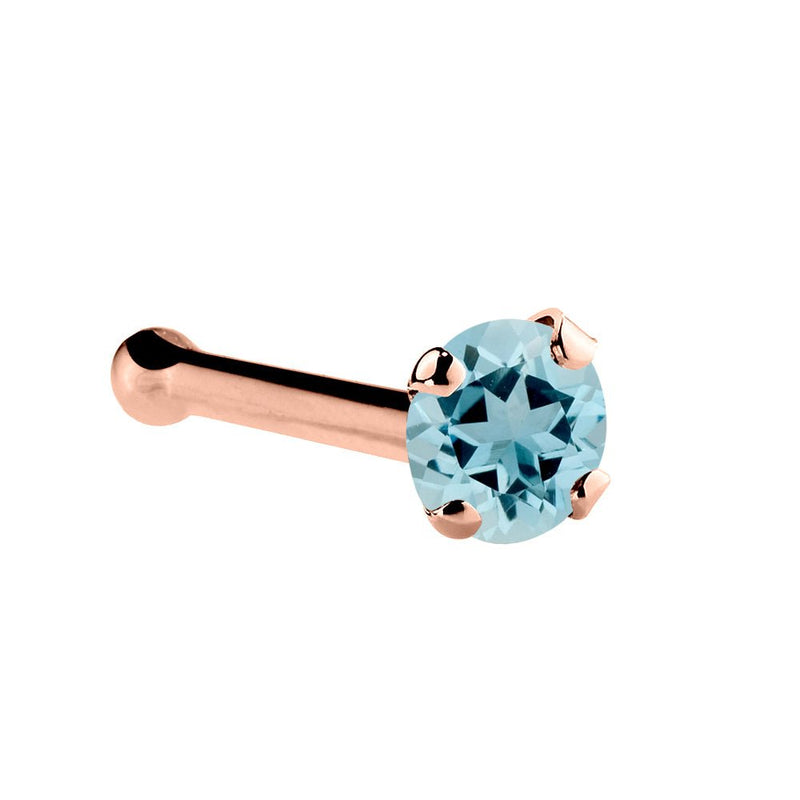 14K rose gold aquamarine nose bone with 1.5mm tiny blue stone and ball-end post