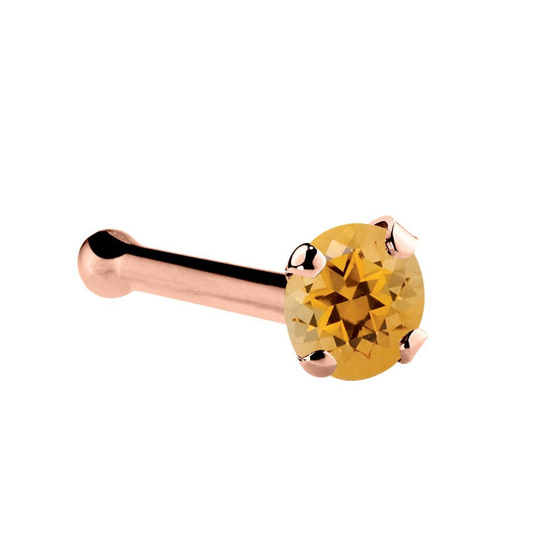 14K rose gold citrine nose bone, 1.5mm tiny orange stone with warm rose-toned prongs