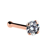 1.7mm CZ nose stud in 14k rose gold bone backing with 4-prong setting, angled view