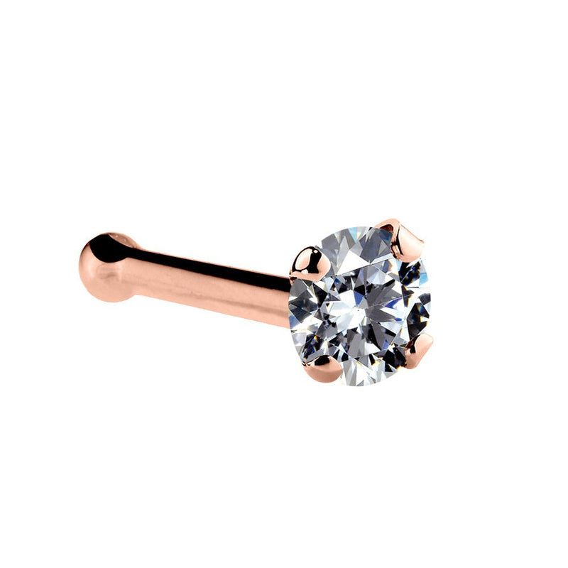 1.7mm CZ nose stud in 14k rose gold bone backing with 4-prong setting, angled view