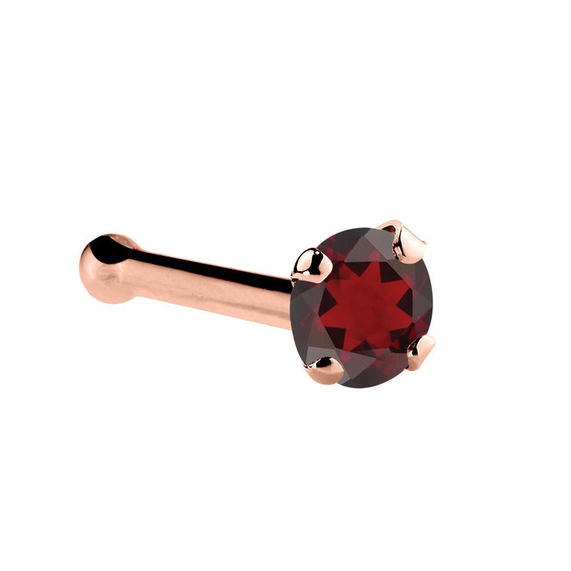 14K rose gold garnet nose bone with 1.5mm tiny red garnet in four-prong setting, side profile